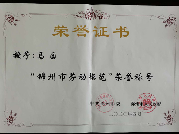锦州pg电子游戏有限公司国内销售部总监马园获锦州市劳动圭表